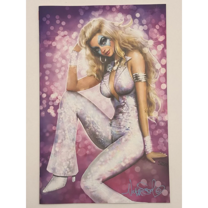 Painting of a blonde woman in shimmering white disco jumpsuit for Nathan Szerdy Unknown Comics facsimile edition