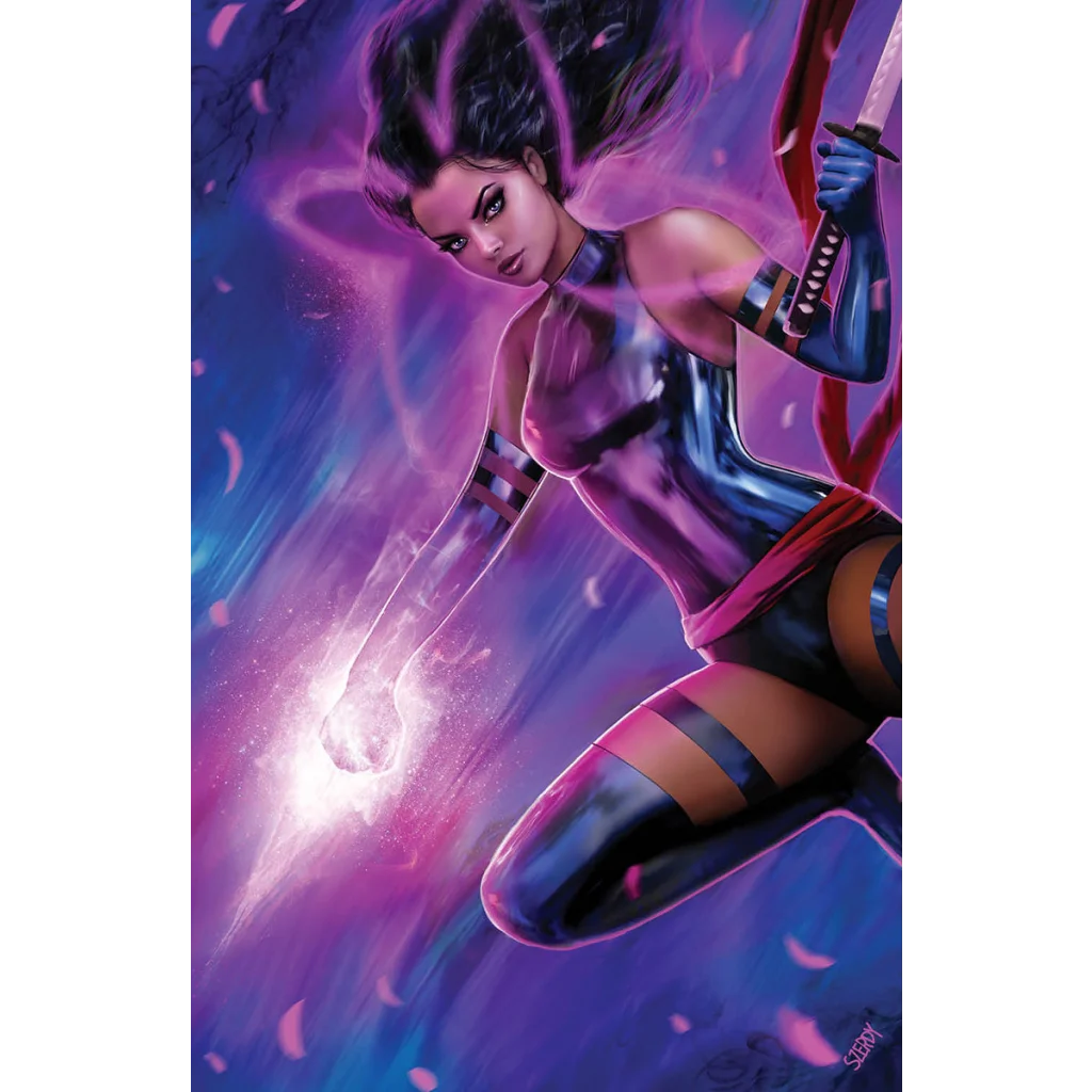 Female superhero in purple and black with glowing energy and sword for PSYLOCKE art print