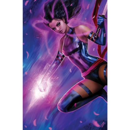 Female superhero in purple and black with glowing energy and sword for PSYLOCKE art print