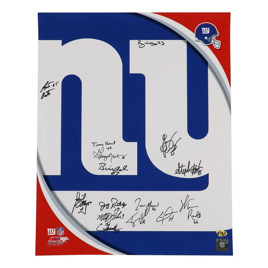 Autographed New York Giants NY logo poster with Terry Kinard and Bart Oates