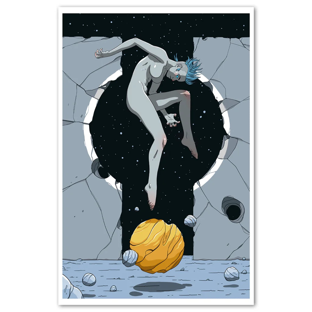 Nude figure with blue hair falling onto textured golden sphere in Signed Platinum Edition with Concept Art