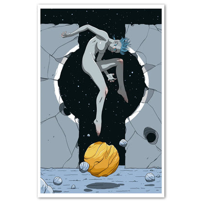 Nude figure with blue hair falling onto textured golden sphere in Signed Platinum Edition with Concept Art