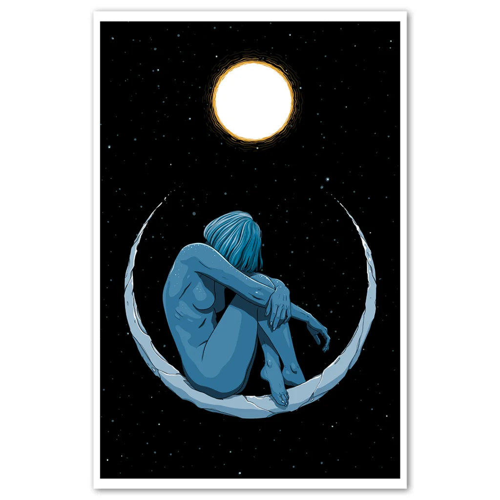 Blue-skinned woman with short hair sitting on a crescent moon in Signed Platinum Edition with Concept Art