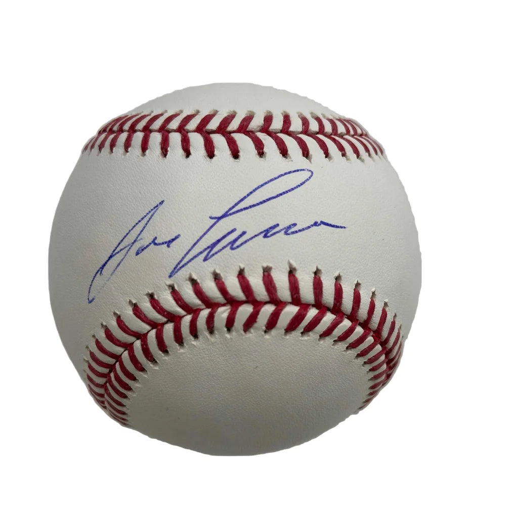 Signed Rawlings MLB baseball with purple signature and red stitching