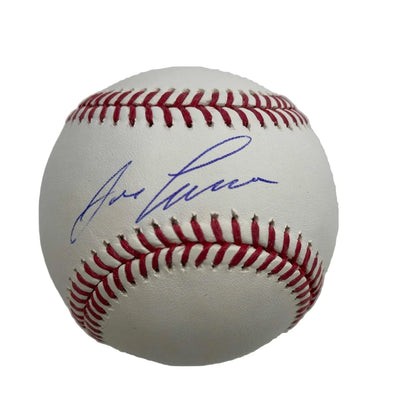 Signed Rawlings MLB baseball with purple signature and red stitching