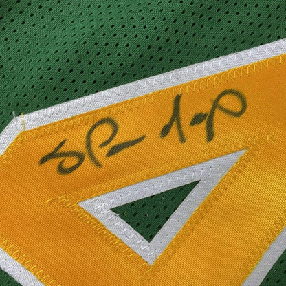 Signed Rickey Kemp custom jersey number 40 in green yellow with triangle shoulder design