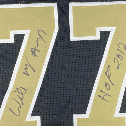 Gold and black signed football jersey with number 77, perfect for sports league fans