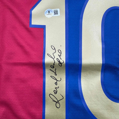Signed pink and gold custom jersey from Ronaldinho Barcelona sports league pro sports gear