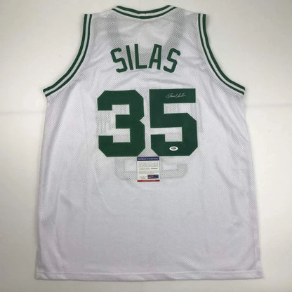 White mesh custom basketball jersey with green trim for Boston Celtics style, pro sports gear