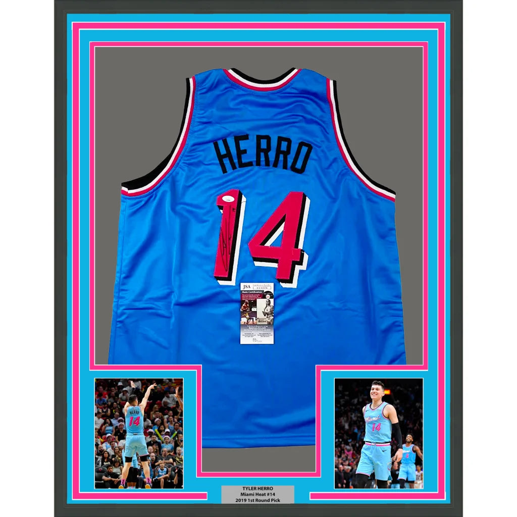 Framed Blue Tyler Herro Jersey with Number 14 and Two Action Photos for Wall Decor