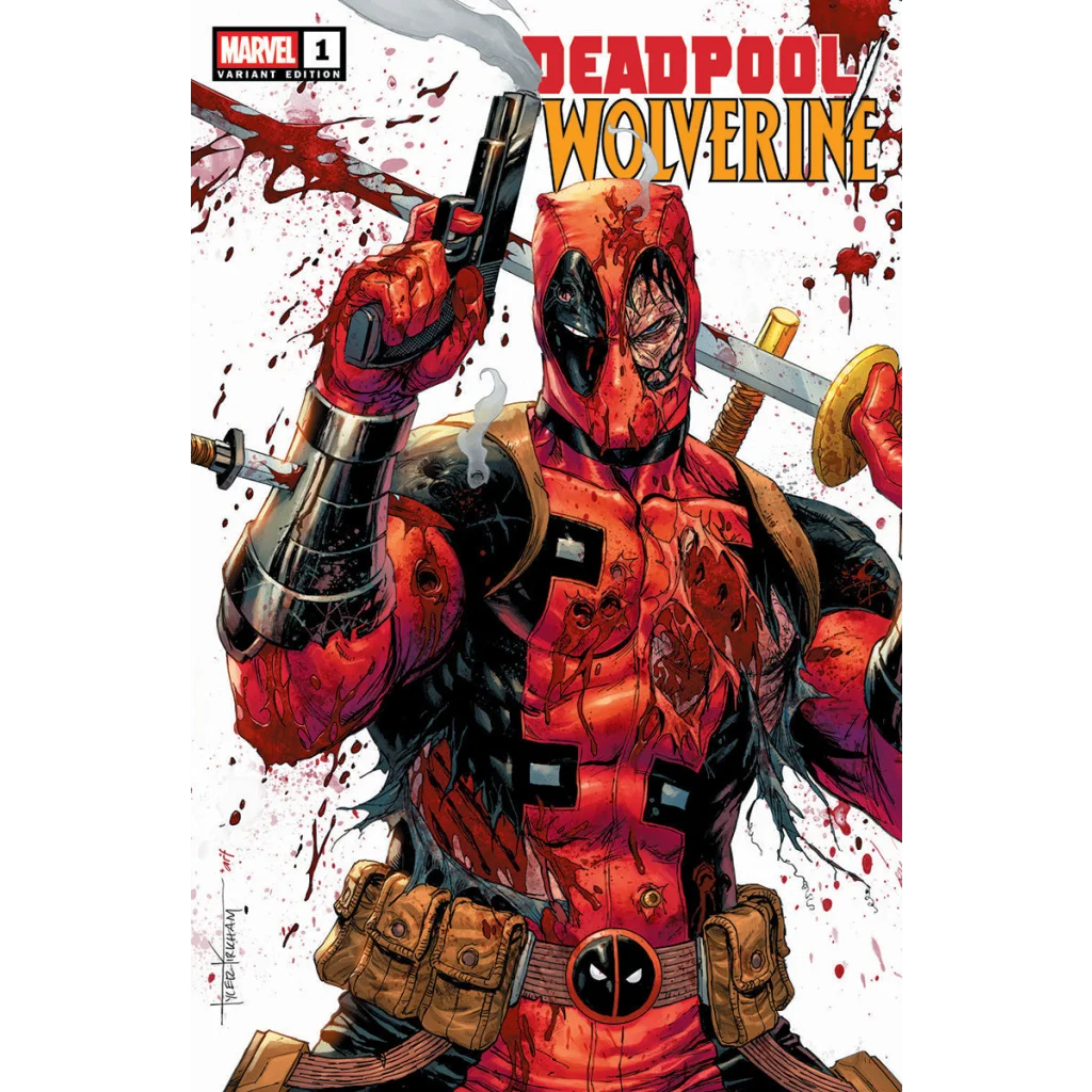 Deadpool comic by Tyler Kirkham with blood and weapons, exclusive variant from Unknown Comics Tyler