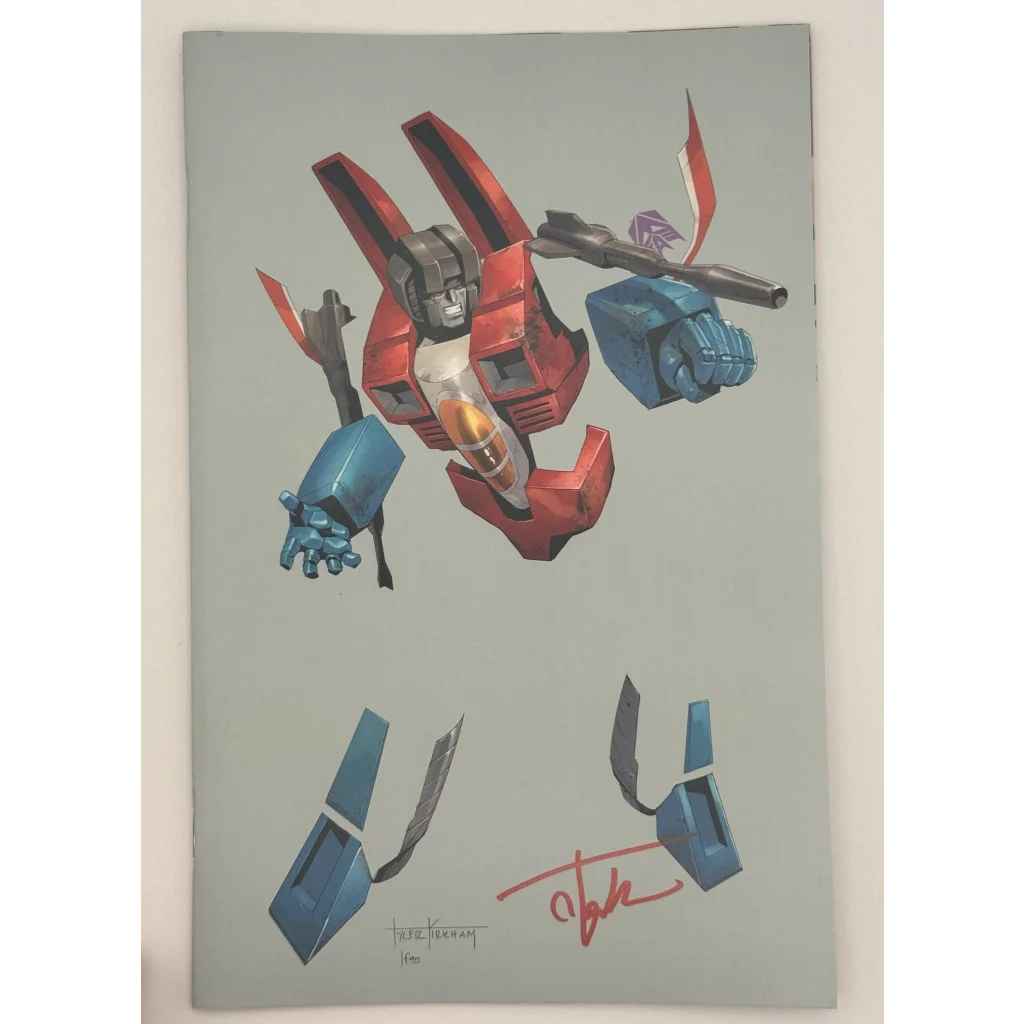 Artwork of a disassembled red and blue Transformers by Tyler Kirkham from Unknown Comic Tyler