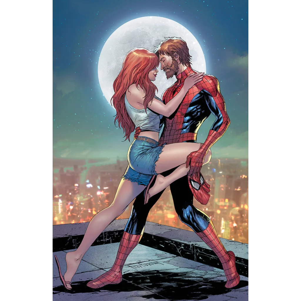 Comic book illustration of Spider-Man and Mary Jane on rooftop at night from Signed Tyler Kirkham Ultimate Spider-Man Comic Book