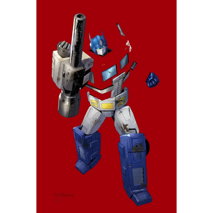 Weathered Optimus Prime toy with detachable parts from Signed Tyler Kirkham Unknown Comics Exclusive