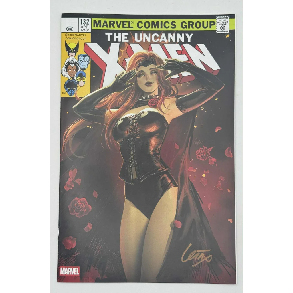 Signed Uncanny X-Men Facsimile Unknown Comics Exclusive Leirix Variant cover with red-haired woman in black leather outfit and roses