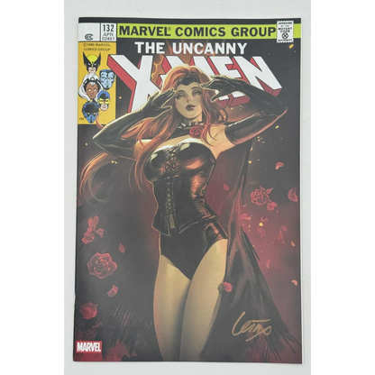 Signed Uncanny X-Men Facsimile Unknown Comics Exclusive Leirix Variant cover with red-haired woman in black leather outfit and roses