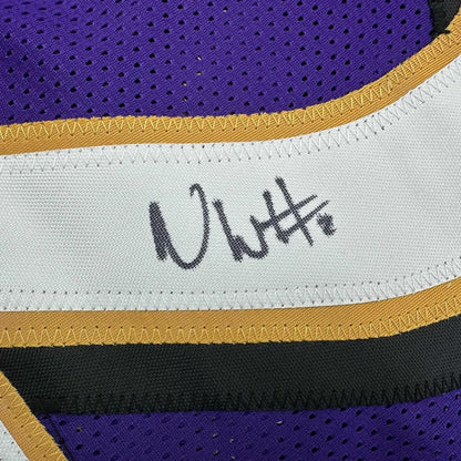 Framed signed Andrew Wiggins Ravens jersey in purple gold mesh with white stripe