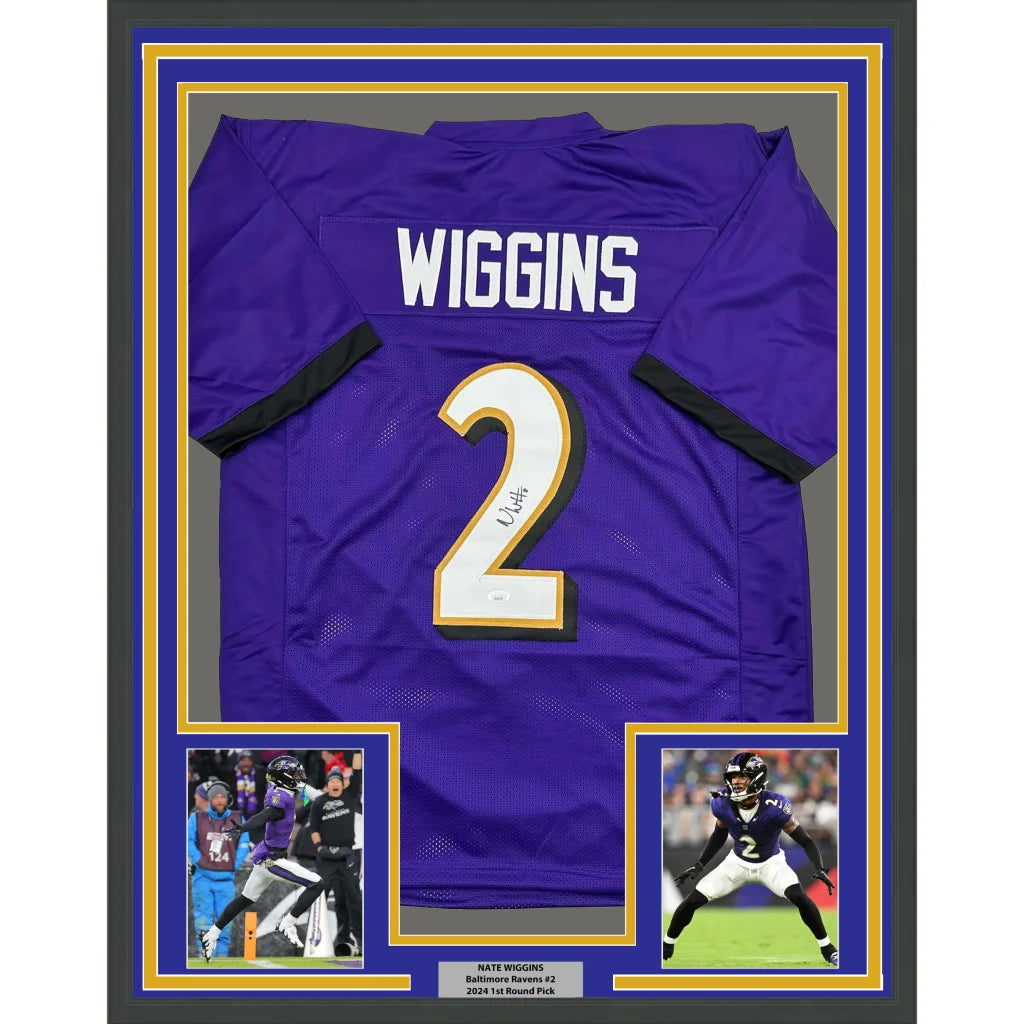 Framed signed Baltimore Ravens Wiggins jersey with white number 2