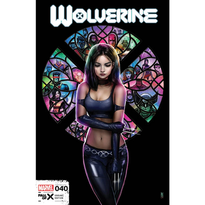Comic book cover with X-23 in front of stained-glass X-Men emblem by Nathan Szerdy
