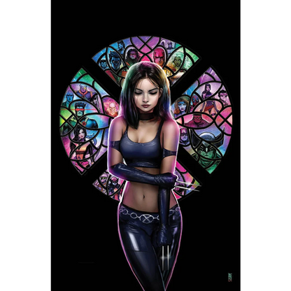 Comic book cover with female claw character and stained-glass X-Men symbol by Nathan Szerdy