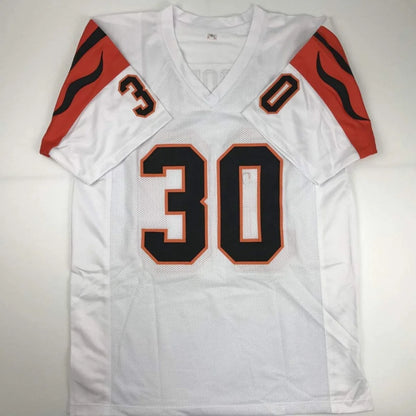 White Cincinnati Bengals custom jersey with orange and black accents from professional sports league