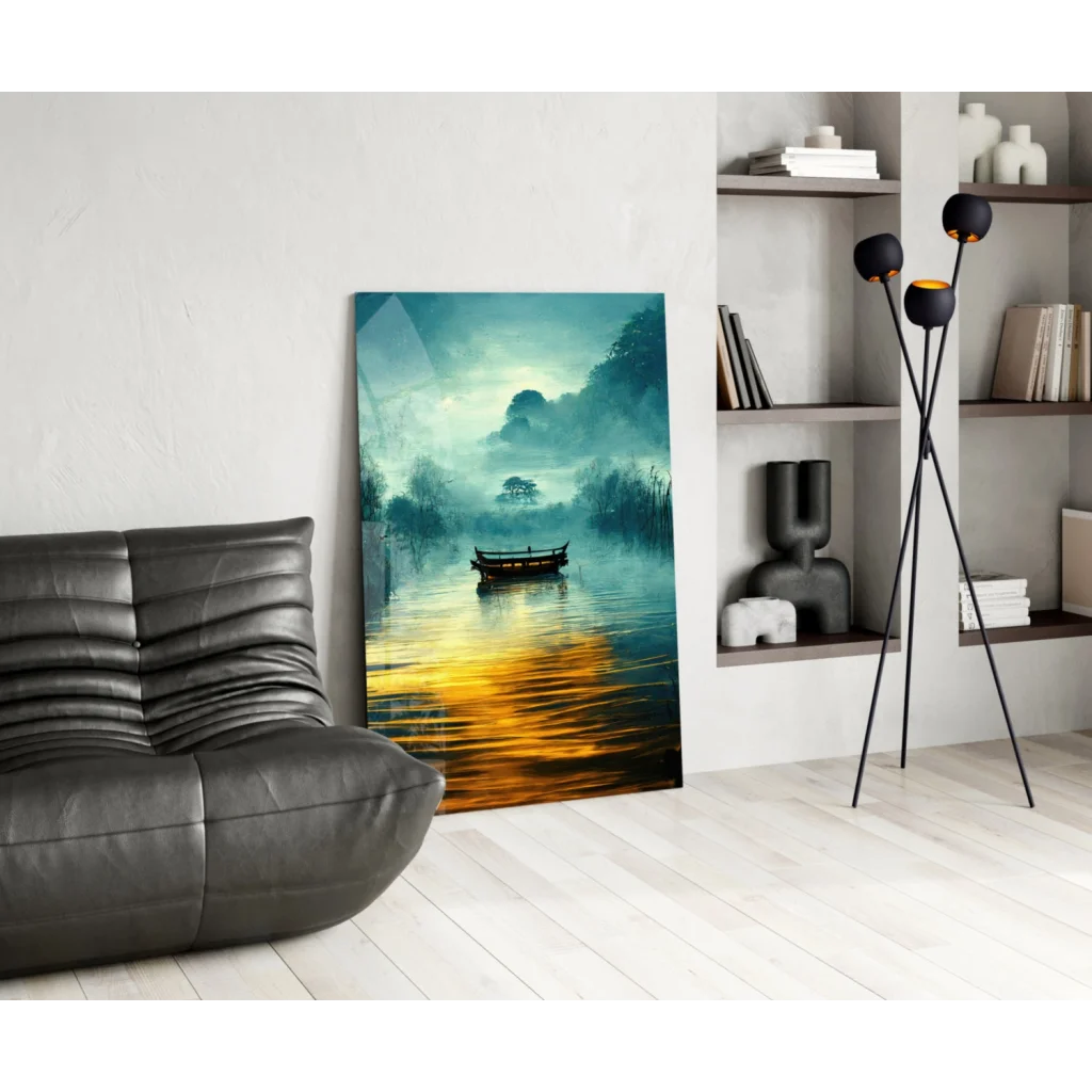 Misty lake glass wall art with teal and gold boat scene