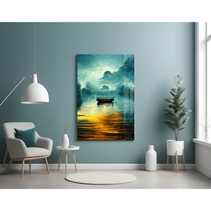 Misty Lake Glass Wall Art with Teal and Gold Boat Scene | Contemporary Home Wall Art | vintageantiquesgifts.com