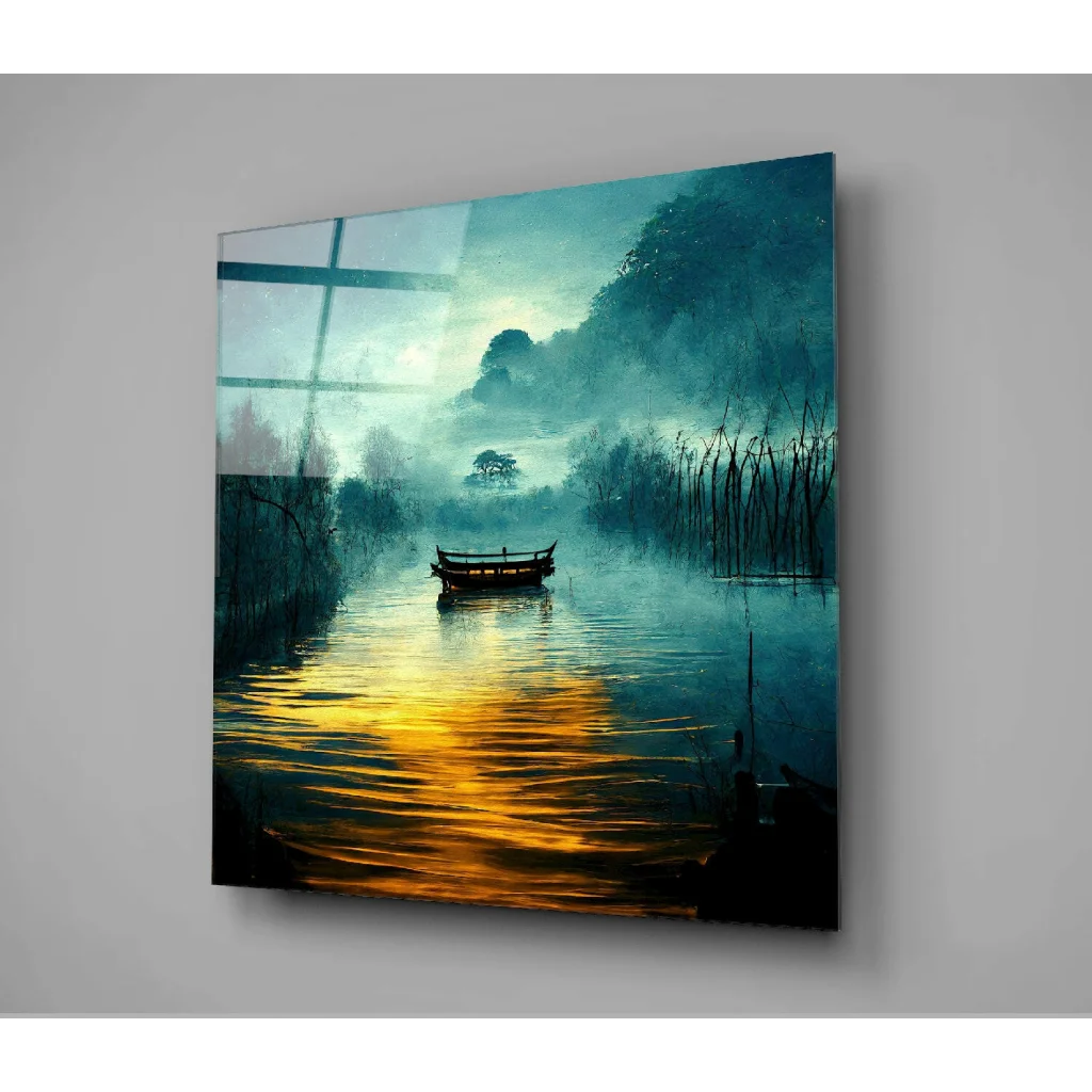 Serene misty river glass wall art with boat under teal gold sky