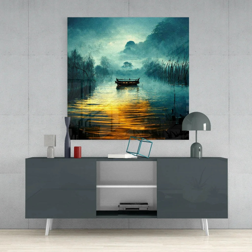 Serene teal and gold misty river glass wall art with boat on water