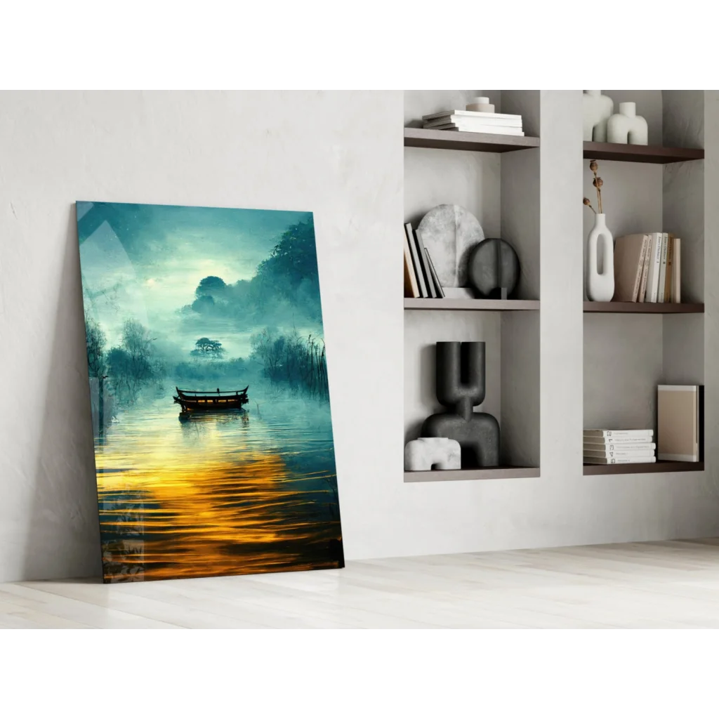 Misty Lake glass wall art with teal and gold boat scene