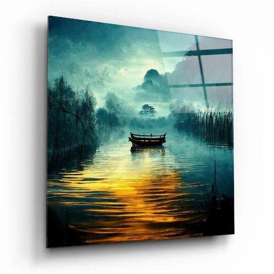Misty River Glass Wall Art with Glowing Teal and Gold Sky | Insigneart USA | vintageantiquesgifts.com