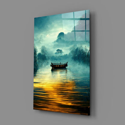 Misty Lake Glass Wall Art with Teal and Gold Boat Scene | Glass Wall Art Print | vintageantiquesgifts.com