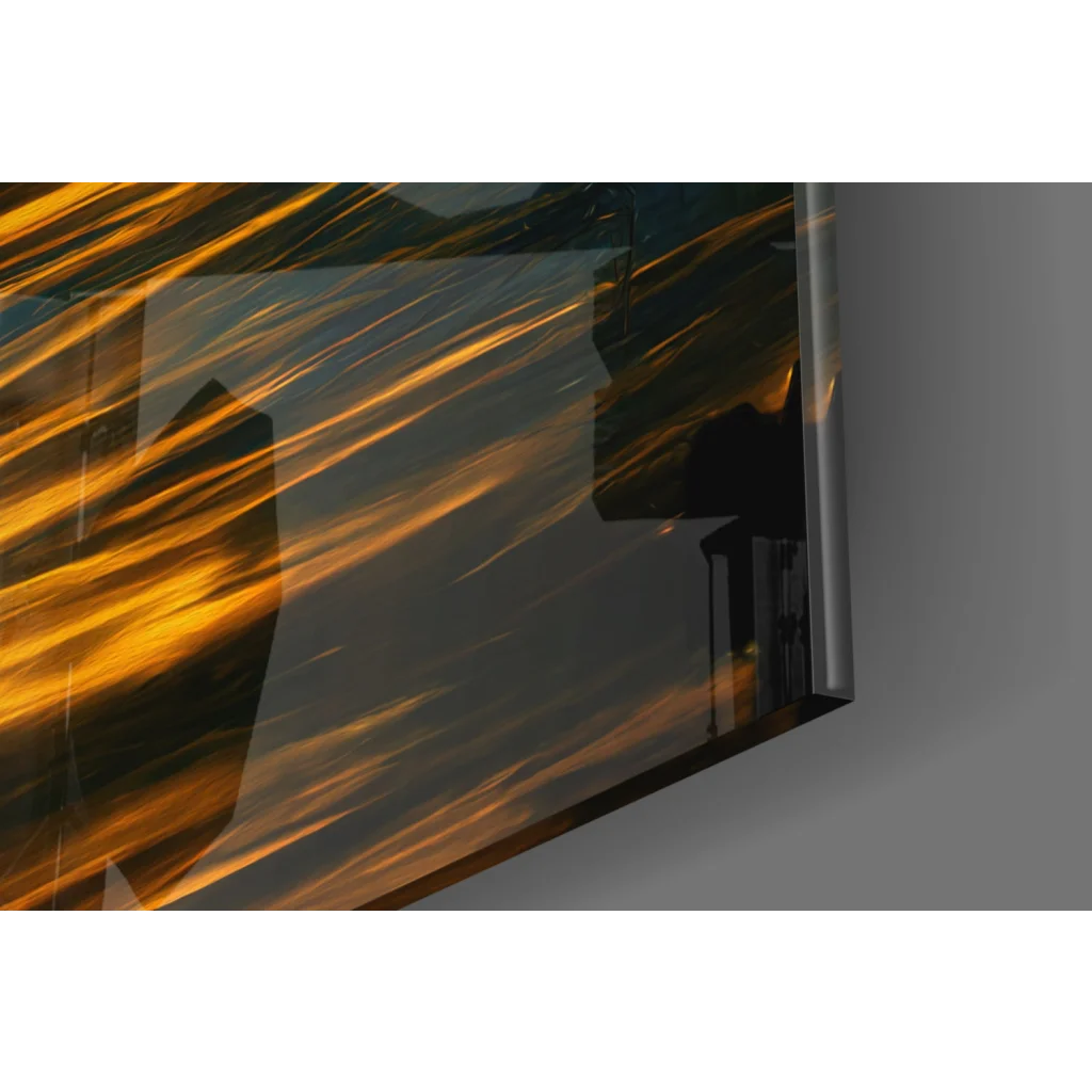 Sleek modern TV framing Misty Lake glass wall art with teal gold boat scene