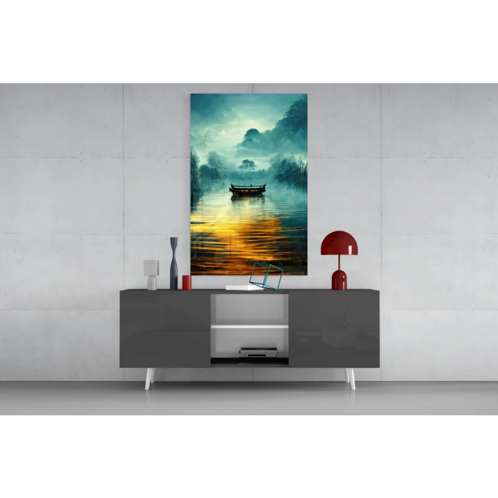 Serene teal and gold glass wall art of misty lake with solitary boat