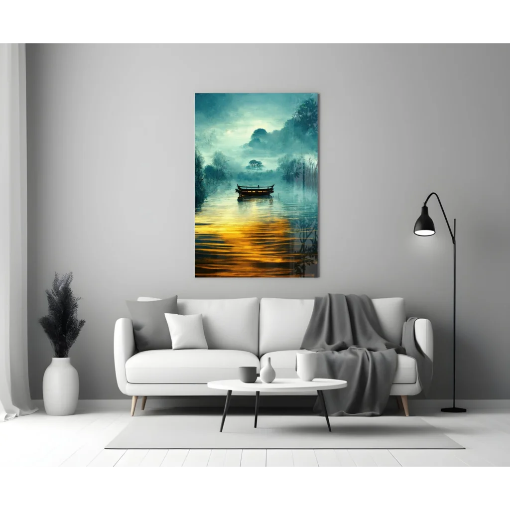 Misty Lake Glass Wall Art with Teal and Gold Boat Scene | Modern Wall Art Decor | vintageantiquesgifts.com