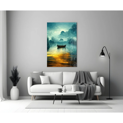 Misty Lake Glass Wall Art with Teal and Gold Boat Scene | Modern Wall Art Decor | vintageantiquesgifts.com