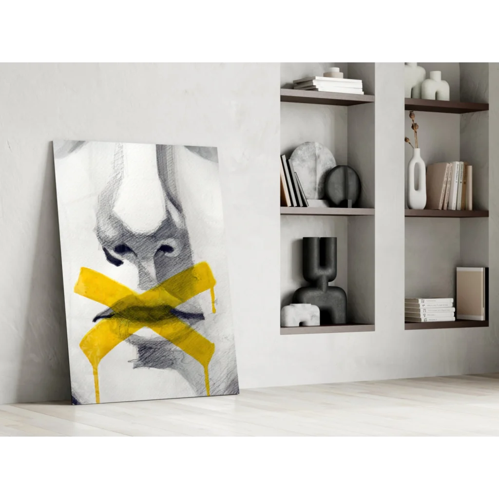 Silenced Voice abstract glass wall art with bold yellow tape over face