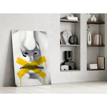 Silenced Voice abstract glass wall art with bold yellow tape over face