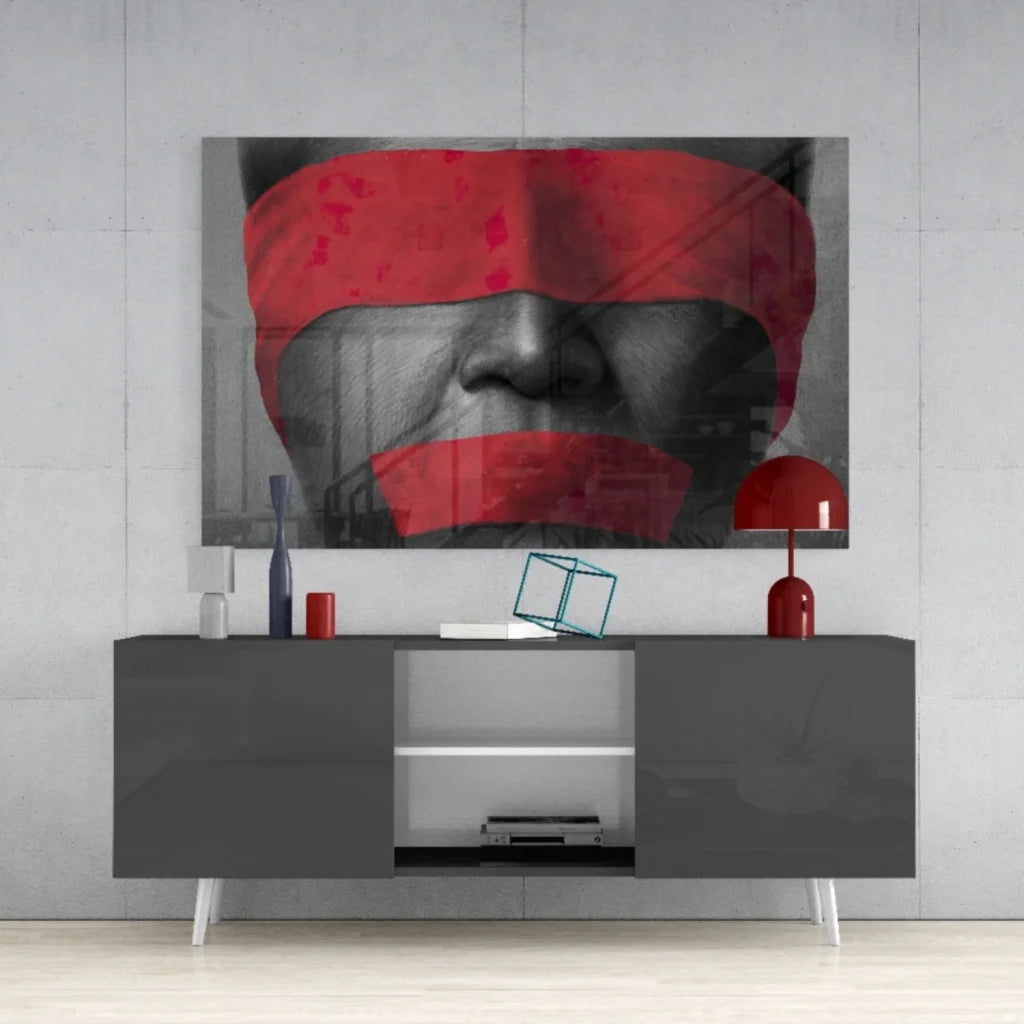 Bold red tape portrait canvas wall art with striking face accents