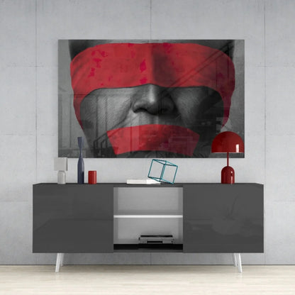 Bold red tape portrait canvas wall art with striking face accents
