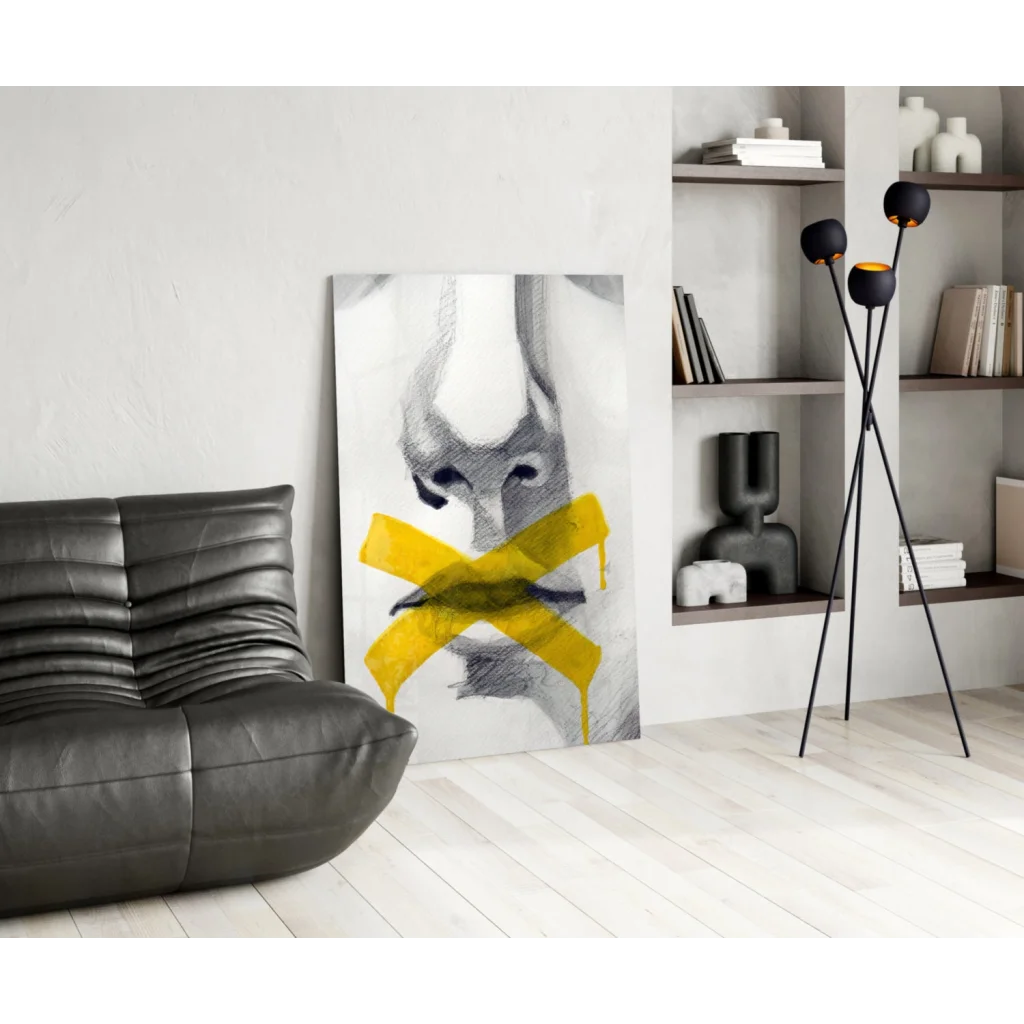 Silenced Voice abstract glass wall art with yellow tape over grayscale face