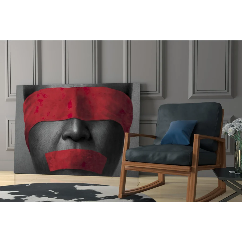 Bold black-and-white portrait canvas wall art with red eyes and lips