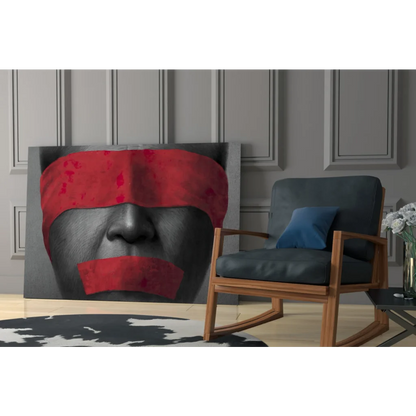 Bold black-and-white portrait canvas wall art with red eyes and lips