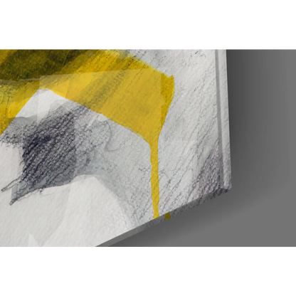 Abstract silenced voice glass wall art with yellow tape, bold strokes