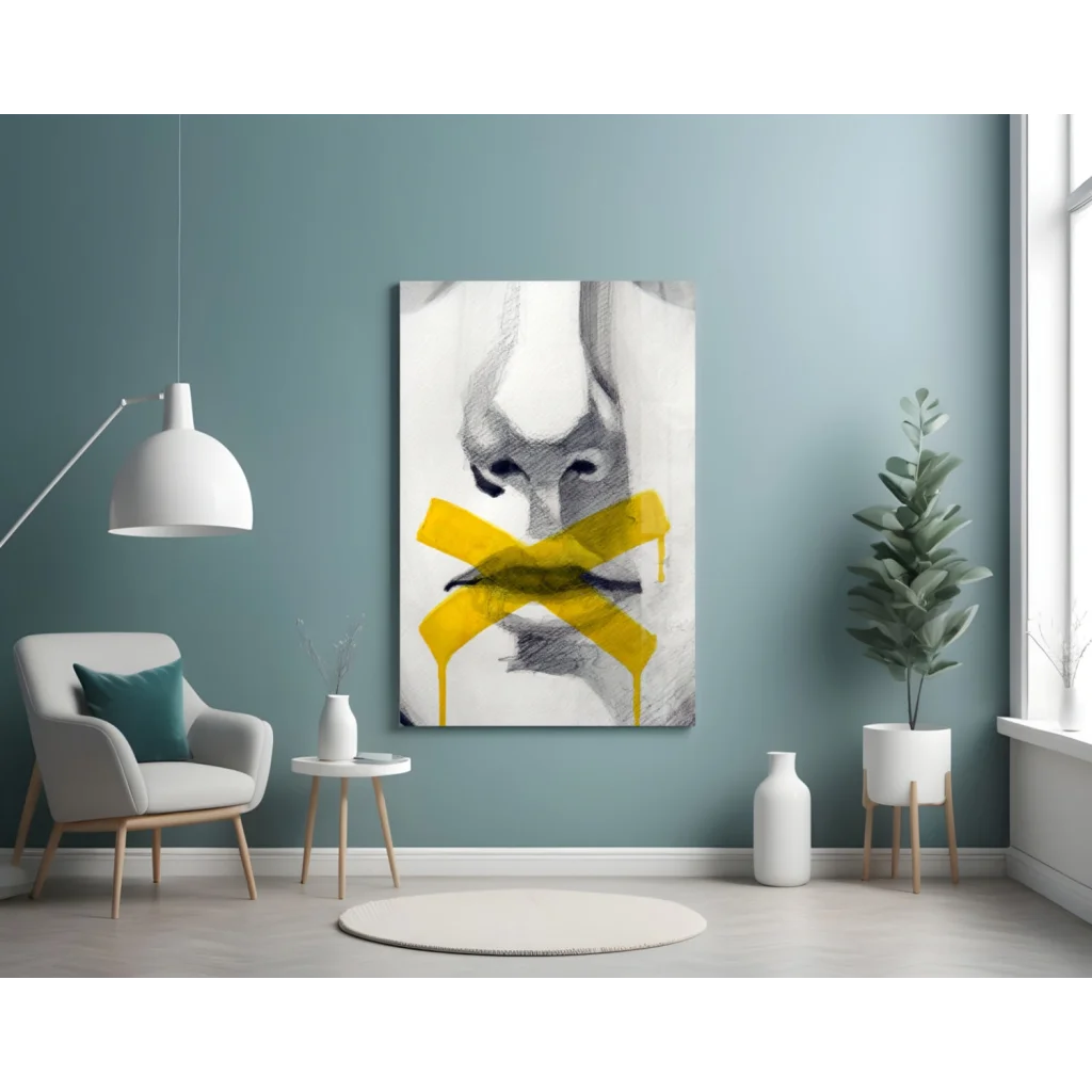 Silenced Voice Abstract Glass Wall Art with Yellow Tape Accent | Contemporary Home Wall Art | vintageantiquesgifts.com