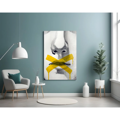 Silenced Voice Abstract Glass Wall Art with Yellow Tape Accent | Contemporary Home Wall Art | vintageantiquesgifts.com