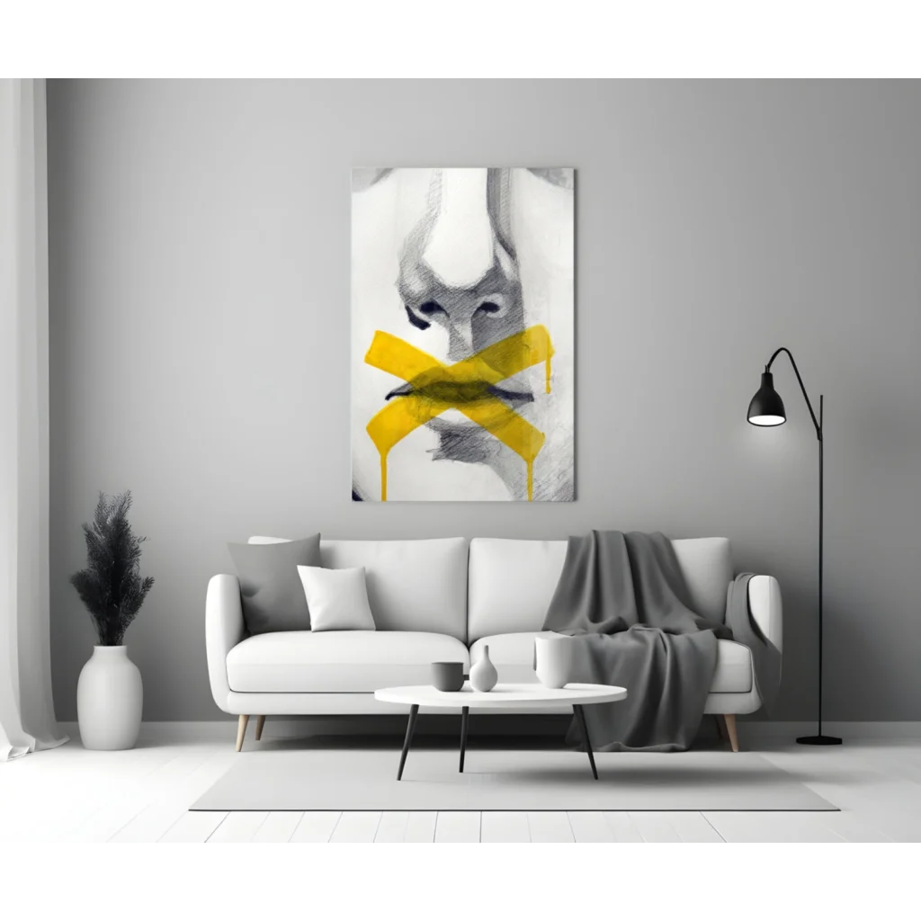 Silenced Voice Abstract Glass Wall Art with Yellow Tape Accent | Modern Wall Art Decor | vintageantiquesgifts.com