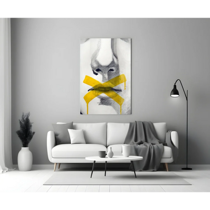 Silenced Voice Abstract Glass Wall Art with Yellow Tape Accent | Modern Wall Art Decor | vintageantiquesgifts.com