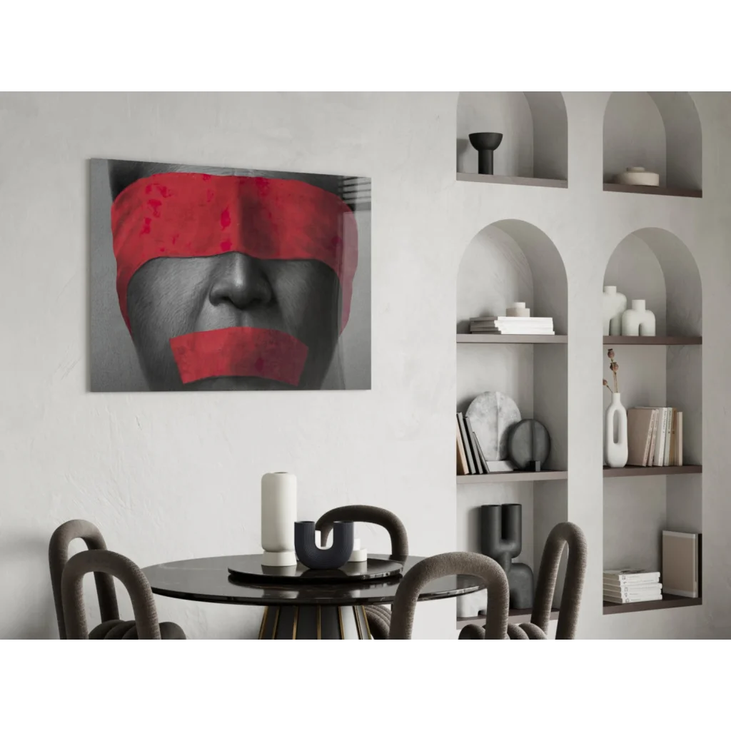 Bold red tape portrait canvas wall art print on white wall