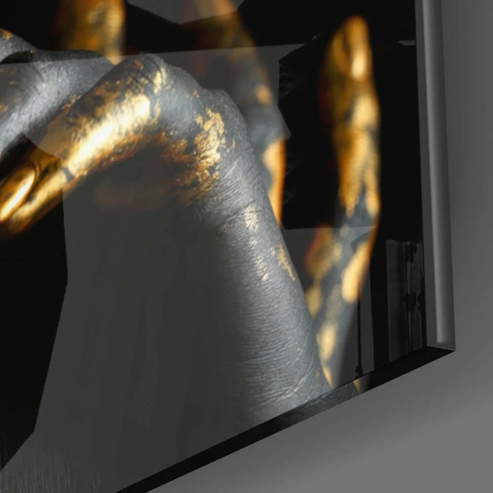 Stunning black gold glass wall art panel with metallic abstract sculpture